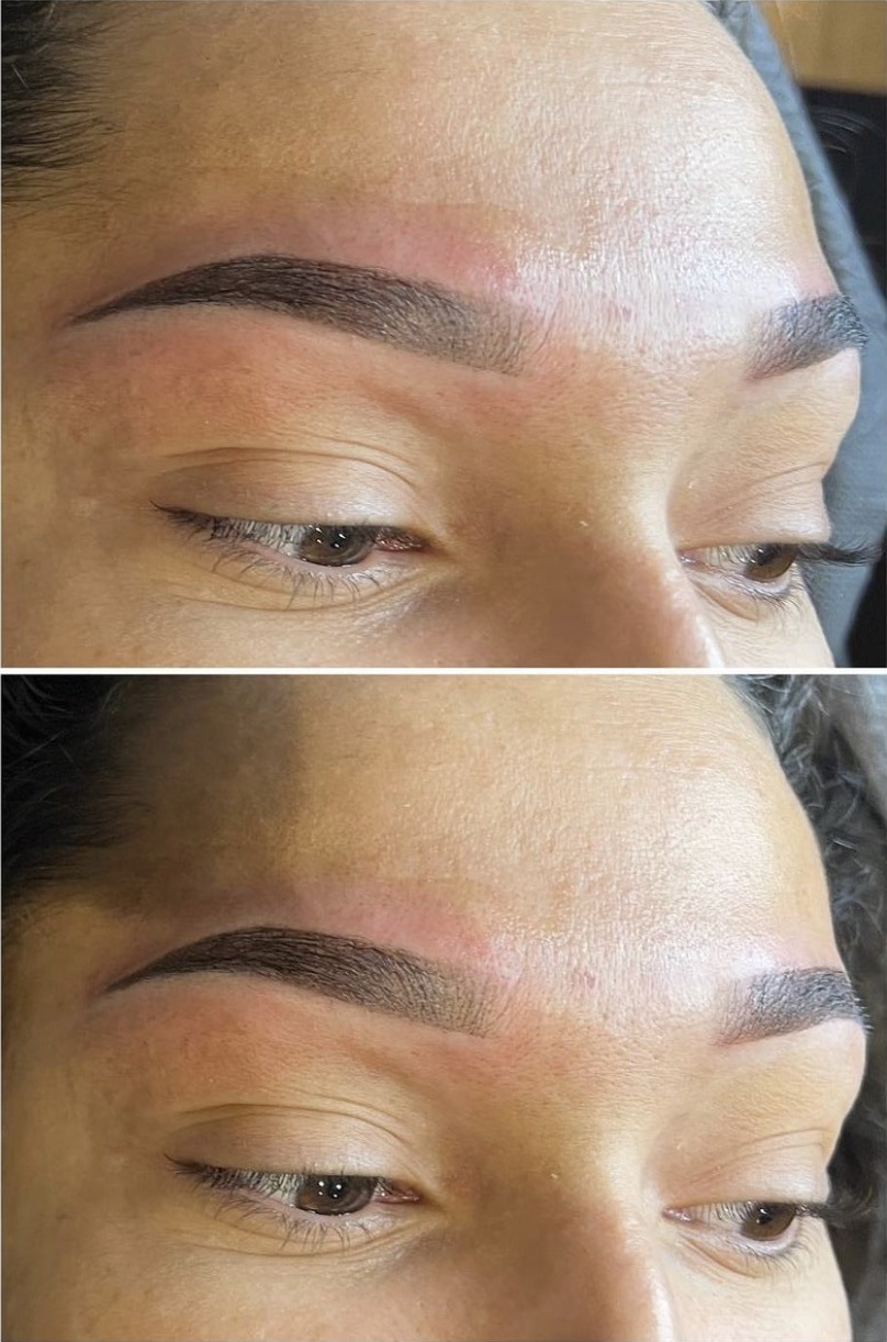 Twee keer ombre brows met een zacht poedereffect, van dichtbij